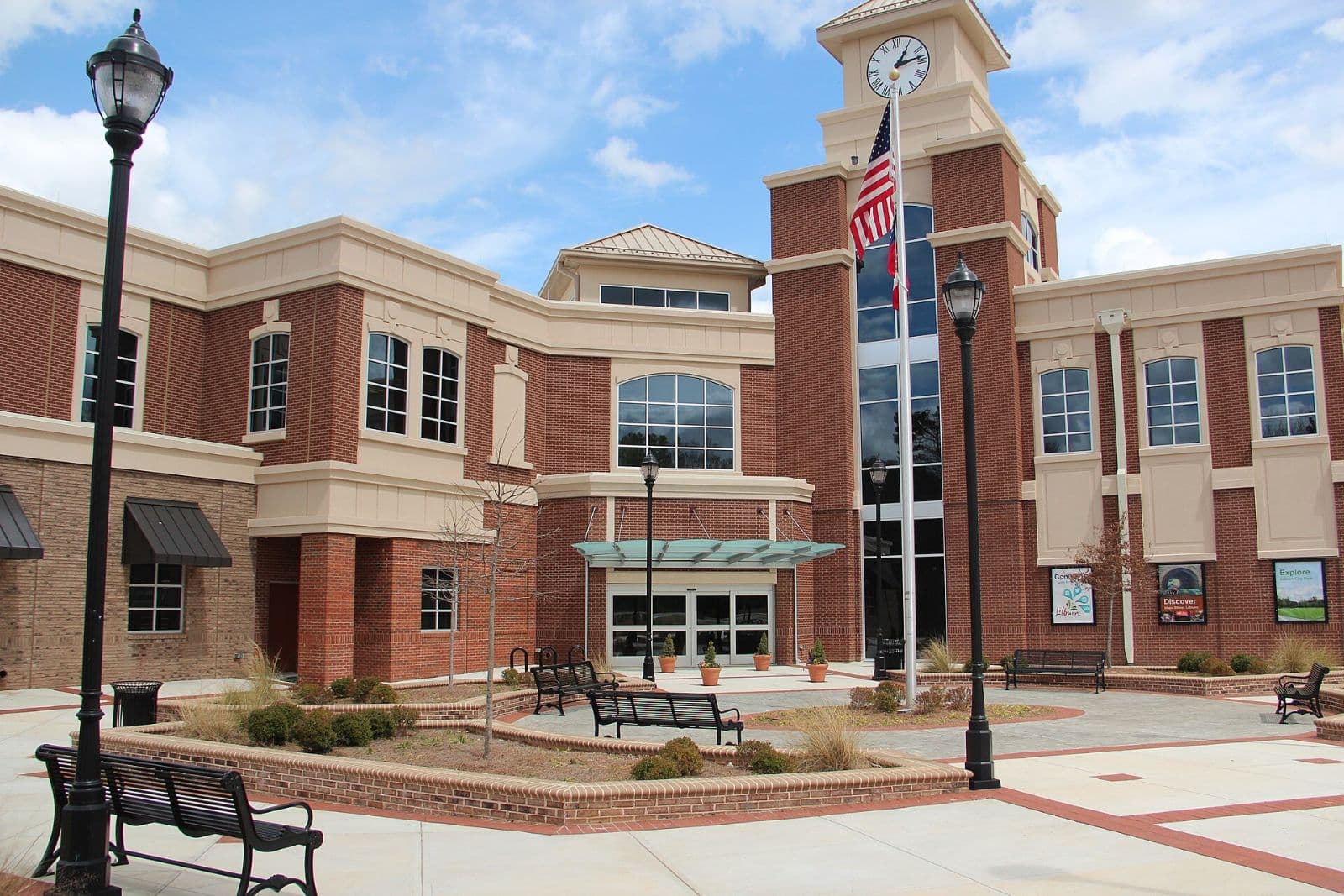 Lilburn City Hall with clock tower and brick plaza