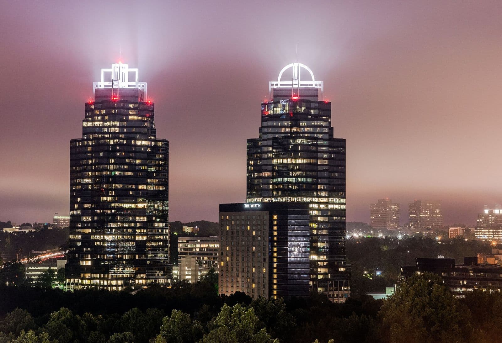 The King and Queen towers of Concourse Center in Sandy Springs at night
