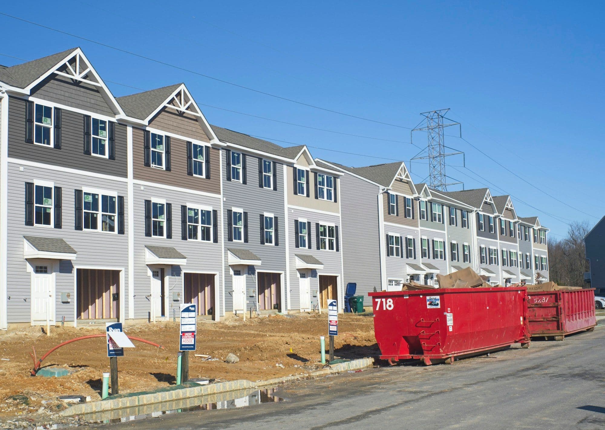 A row of new townhomes nearing completion
